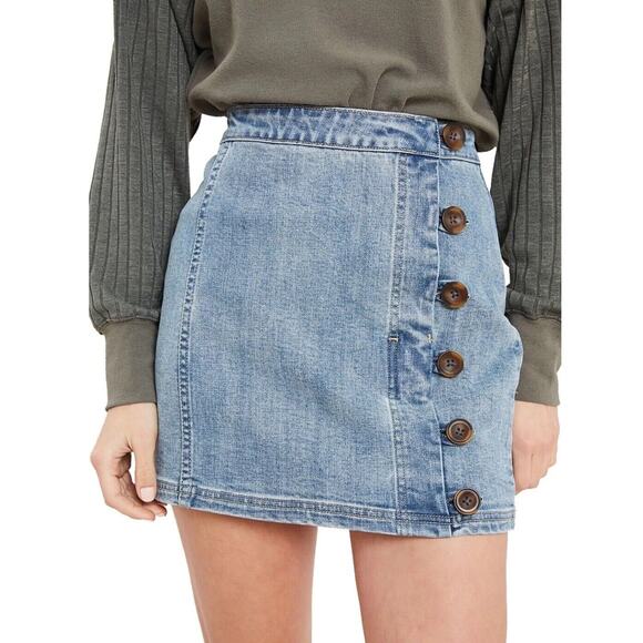 Wishlist Blue Jean Mini Skirt Women's Size S Denim Faux Wrap Button Up Stretch - Picture 2 of 8